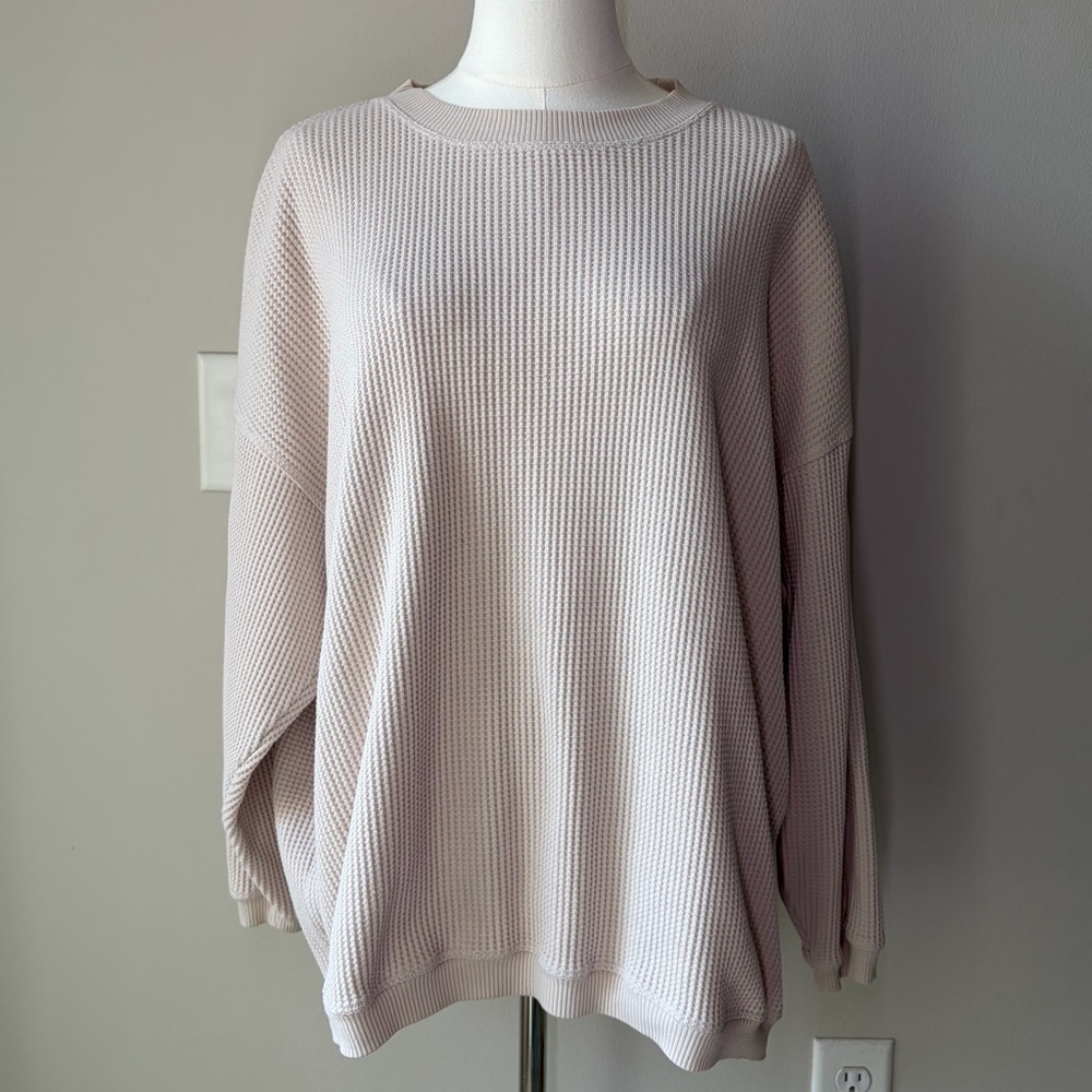 Aerie Cream Waffle Knit Crewneck Pullover Loungewear Cozy Casual Basics